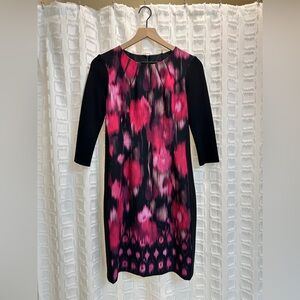 Vibrant Pink and Black Sheath Dress with 3/4 Sleeves for Cocktail